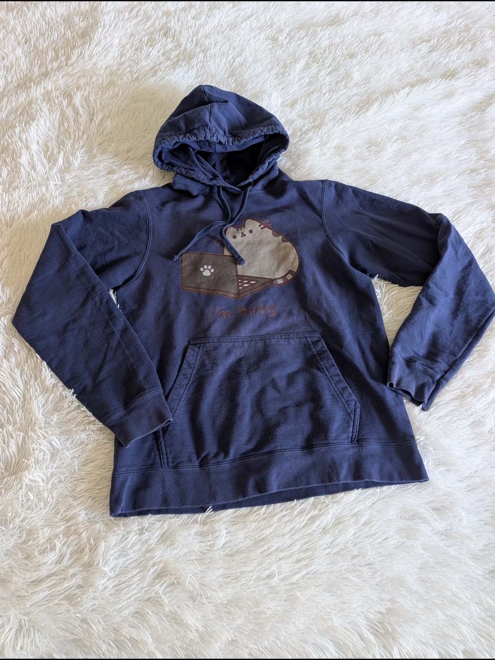 Navy Blue Graphic Pullover Hoodie with Cat Illustration